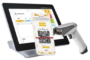 Validation d'un coupon électronique sur un smartphone à l'aide d'un scanner de caisse.