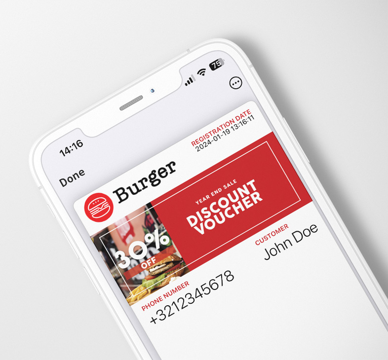 Carte de fidélité électronique à tamponner sur un smartphone montrant des hamburgers