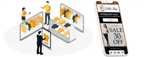 Mensen in een kledingwinkel met een gewone digitale coupon op smartphone.
