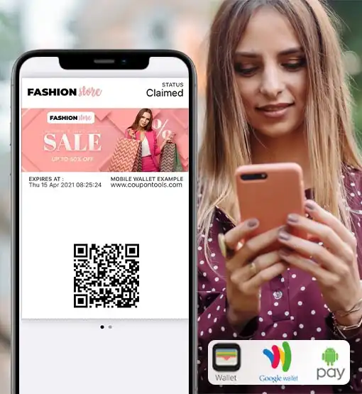 Mobile Wallet Marketing Platform - Woman holding smartphone with Digital regular Coupon saved to her Mobile Wallet.